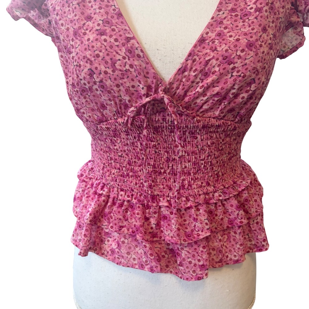 Lush Pink Floral Smocked Peplum Top Sz Small Ruffle Sleeve Cottagecore Soft Girl - Picture 2 of 8